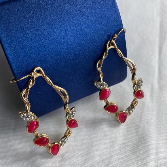 Statement Drop Earrings with Rhinestones and Fuschia - Picture 2 of 3